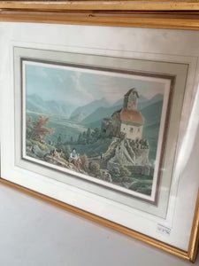 Copie imprimée gravure vue d'une vallée avec château