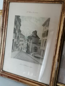 Copie gravure imprimée, vue du vieux Lausanne sous verre avec cadre doré.