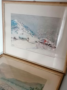 J Koch peintre Suisse XXème aquarelle paysage enneigé de campagne.