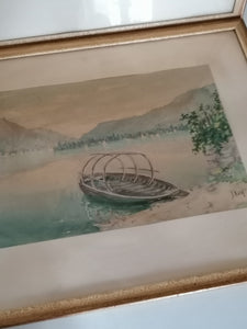 J Koch peintre Suisse aquarelle lac de montagne et barque, milieu XXème.