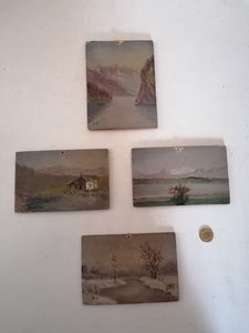 Intéressante série de 4 petits tableaux huile sur carton, paysage Suisse. Lac des 4 cantons,  chapelle de notre Dame des neige ect.