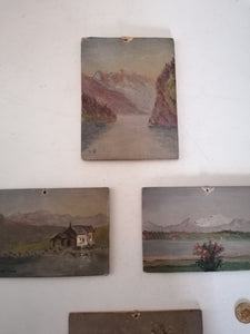 Intéressante série de 4 petits tableaux huile sur carton, paysage Suisse. Lac des 4 cantons,  chapelle de notre Dame des neige ect.