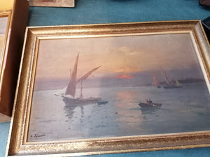 Huile sur carton, bord du lac couché de soleil rosé avec barques du léman. Signé George Djakeli