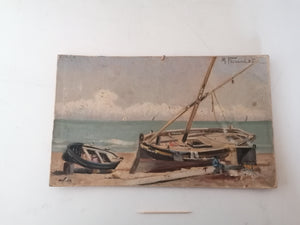 M FERRAND 1925 huile sur carton barques au bord de mer.
