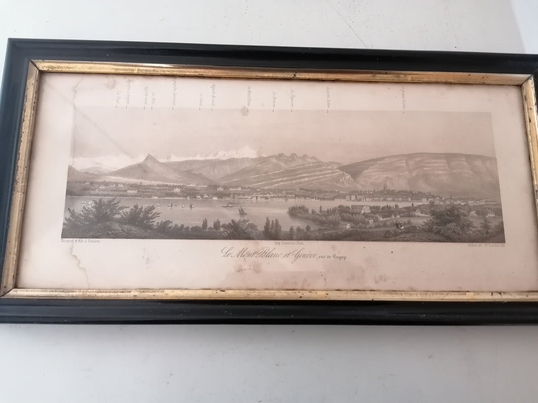 Lithographie vue panoramique du Mont Blanc et de Genève avec note d'orientation.