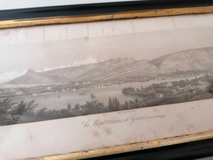 Lithographie vue panoramique du Mont Blanc et de Genève avec note d'orientation.