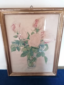 Aquarelle bouquet de rose signé, à identifier. Première partie XXème sous verre