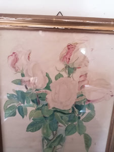 Aquarelle bouquet de rose signé, à identifier. Première partie XXème sous verre