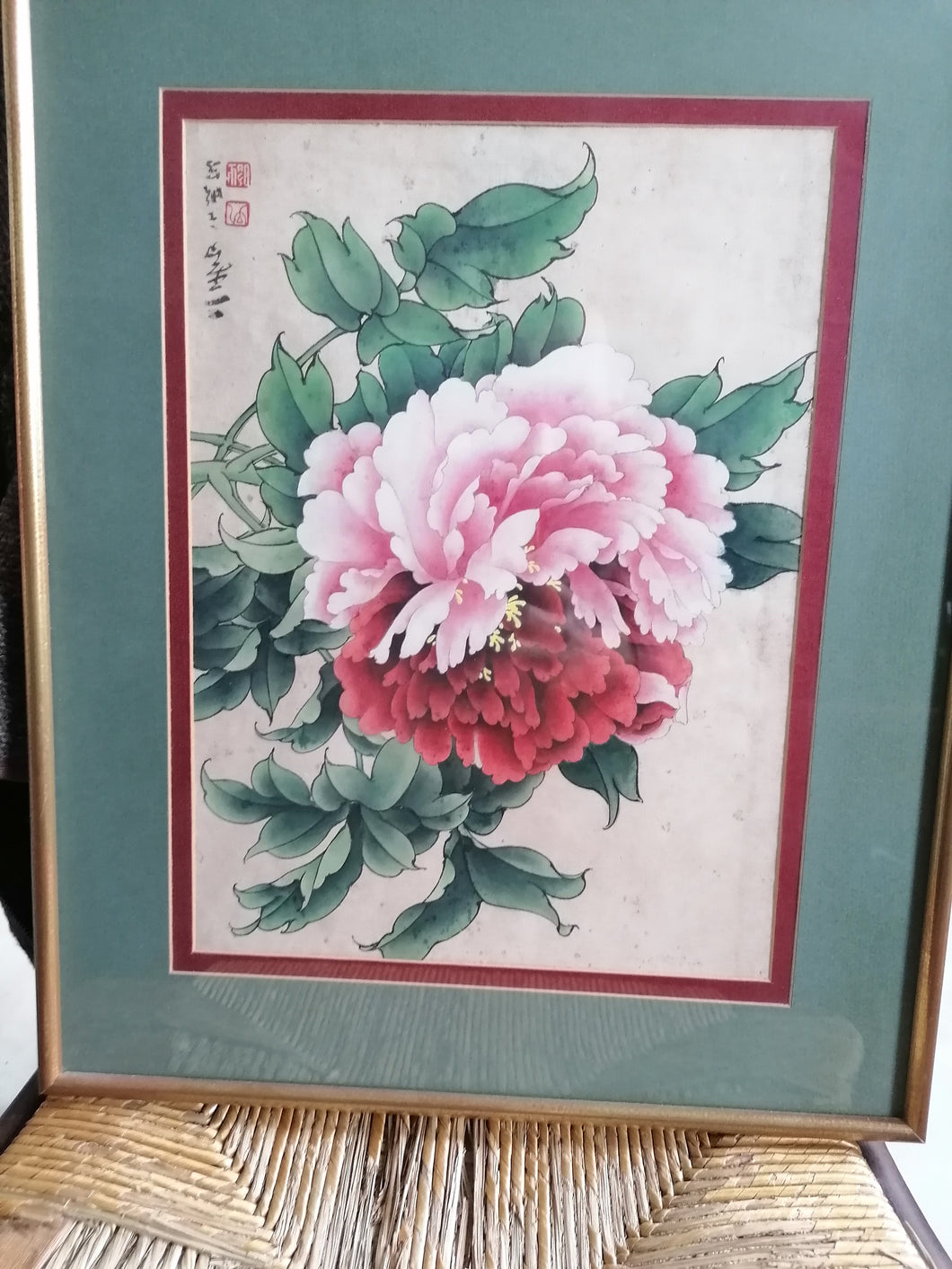 Estampe chinoise pivoine signé. Début XXème sv c cadre doré