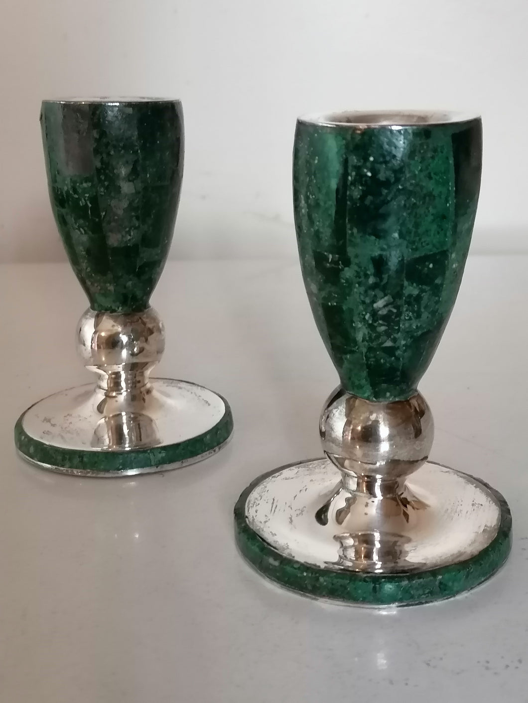 Los castillo Taxco Mexique 1960 paire de bougeoir argenté et malachite