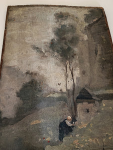 La dame au fleurs des champs, huile sur bois , début XIXè non signée.