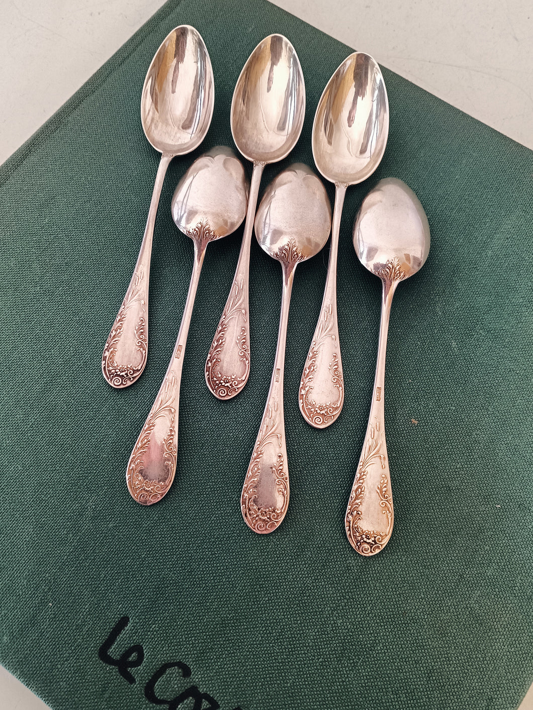 Jezler roseau série de 6 cuillères à dessert en argent 0800 , début XXÈME avec monogramme
