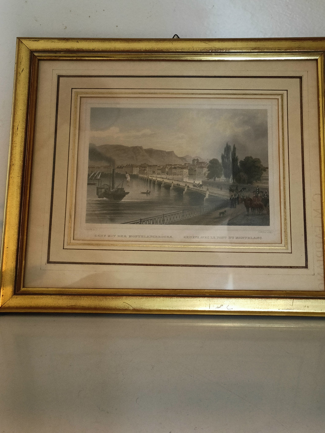 Gravure Genève pont du Mont-Blanc avec cadre doré par Ludwig ROHBOCK 1824-1893