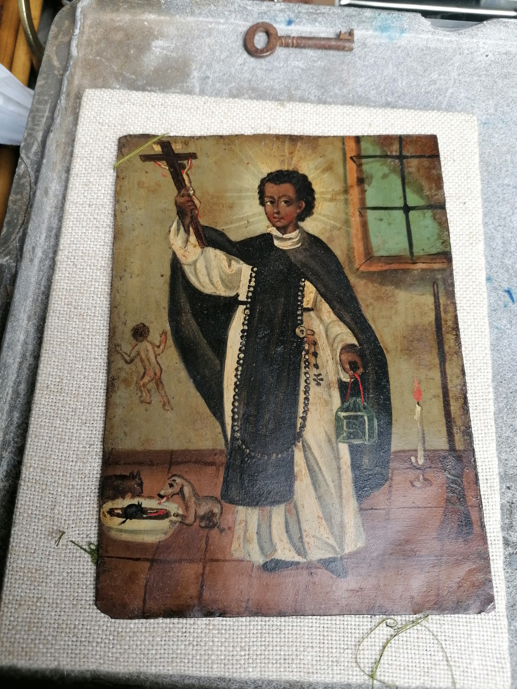 Icône Saint Martin De Porres peinture sur métal probablement Amérique du Sud peint à la main 