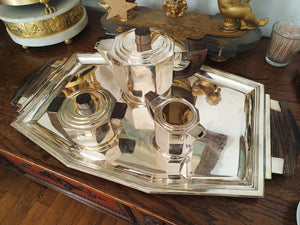 Service à thé D'époque Art déco en argent massif Minerve premier titre .