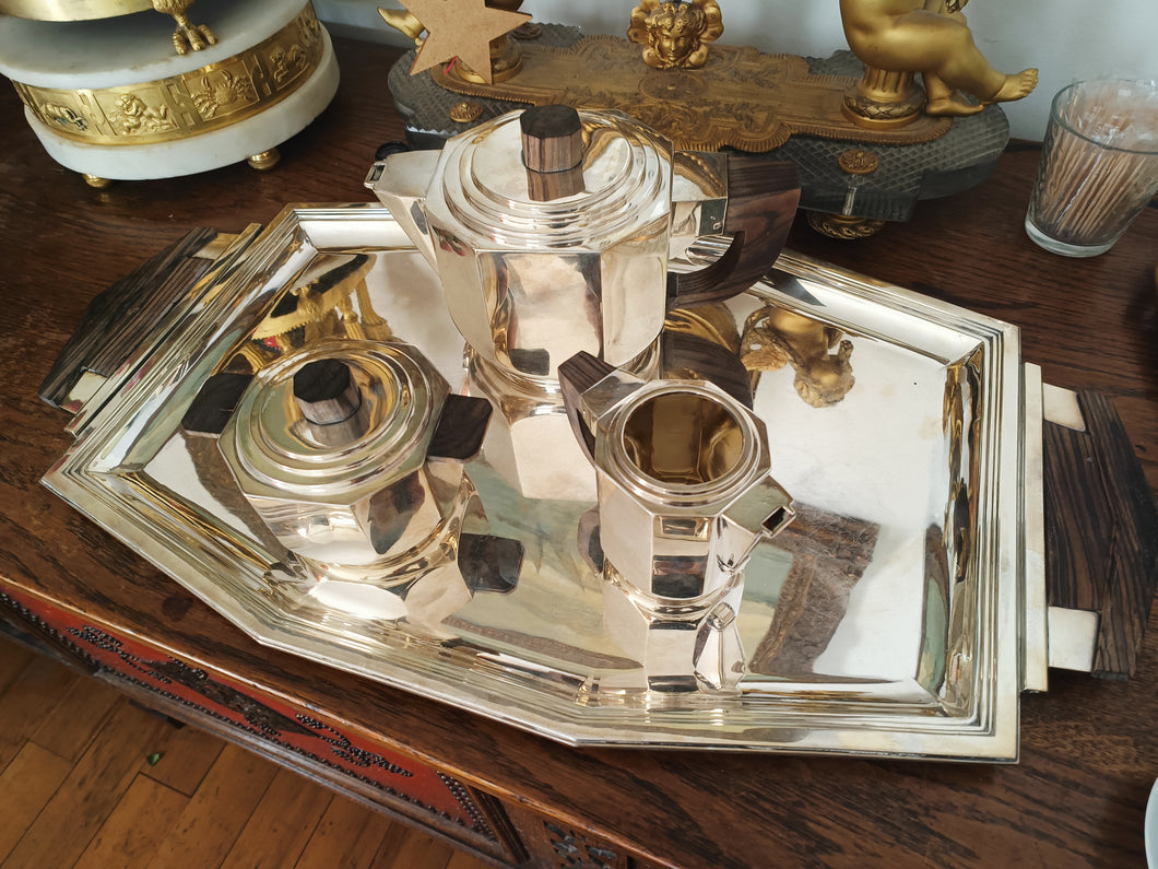 Service à thé D'époque Art déco en argent massif Minerve premier titre .