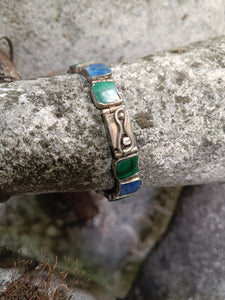 Bracelet en argent massif (0,950) pierre de malachite et Lapis lazuli. Extra européen