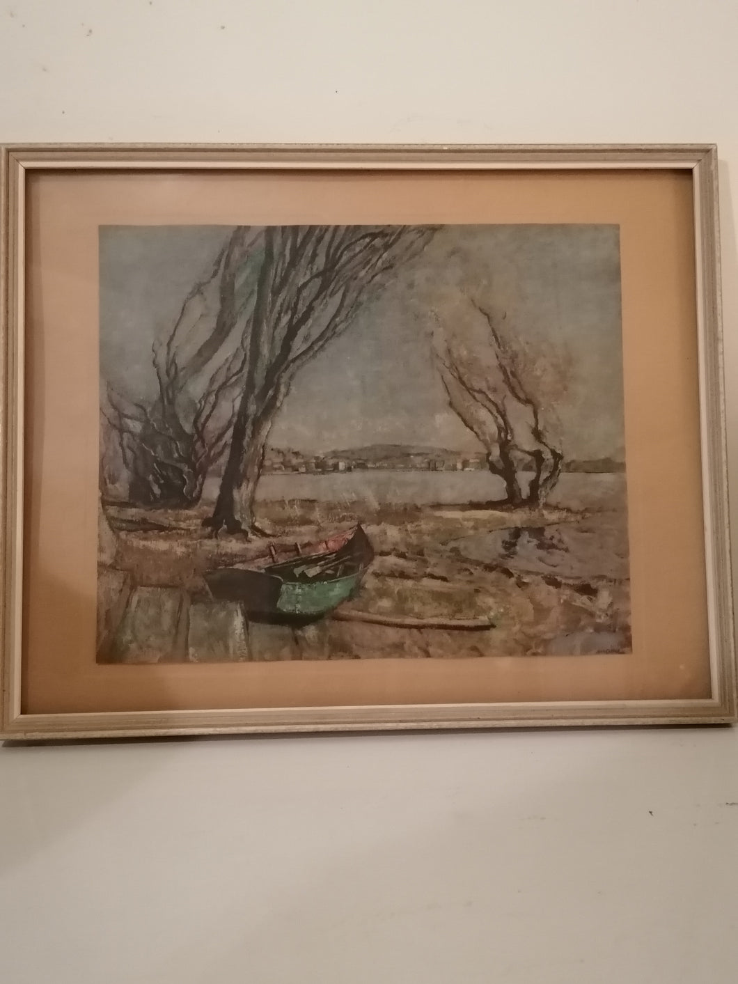Lithograhie , bord du lac et barque