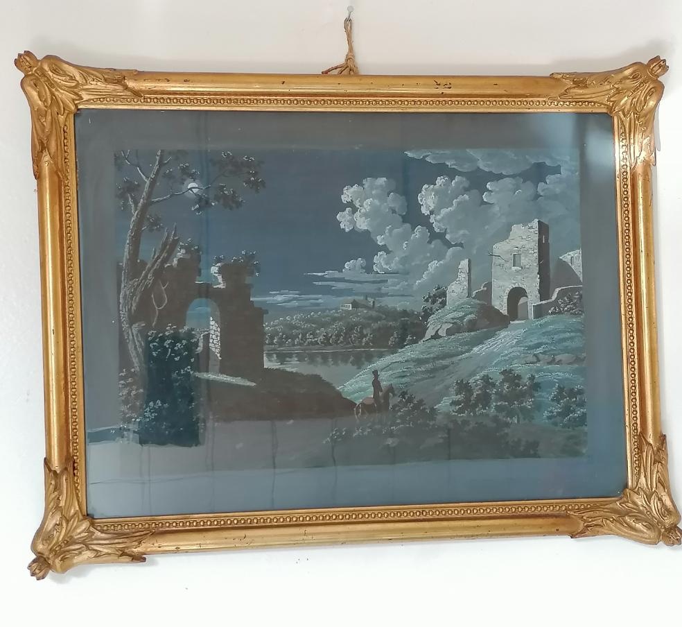 Gouache Napolitaine paysage romantique