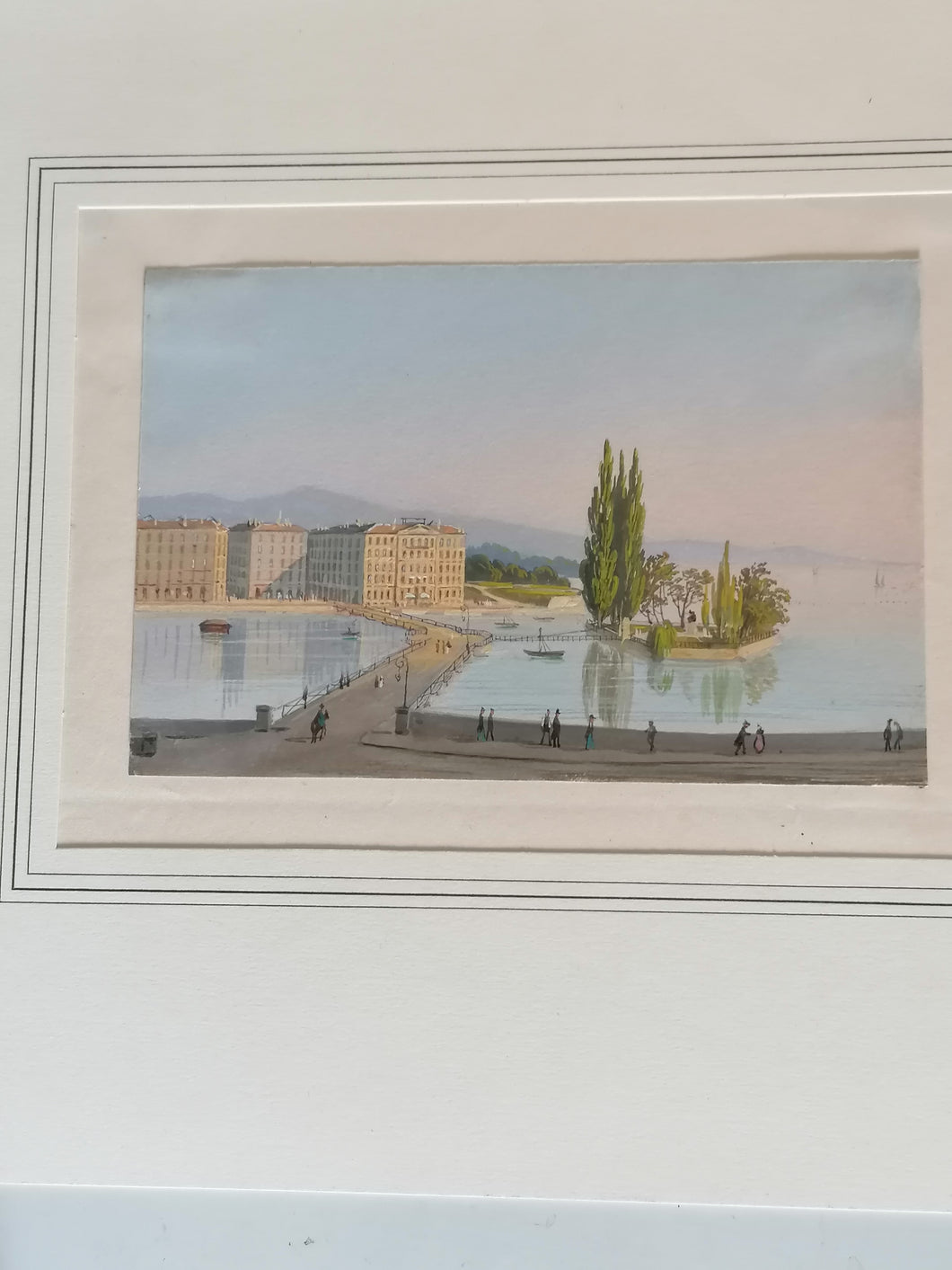 Gouache anciennr ,vue de Genève, quai des Bergues