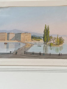 Gouache anciennr ,vue de Genève, quai des Bergues