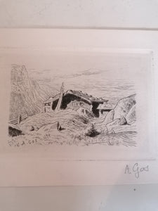 Albert Gos gravure original signé, mayen et vue de montagne.