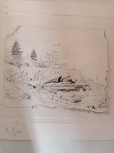 Gravure original signé Albert Gos, banc des amoureux avec vue sur lac de montagne