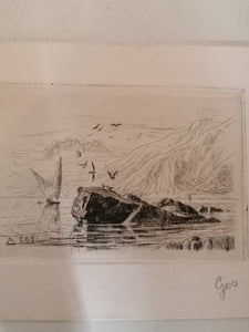 Gravure original Albert Gos, lac de montagne et bâteau. 