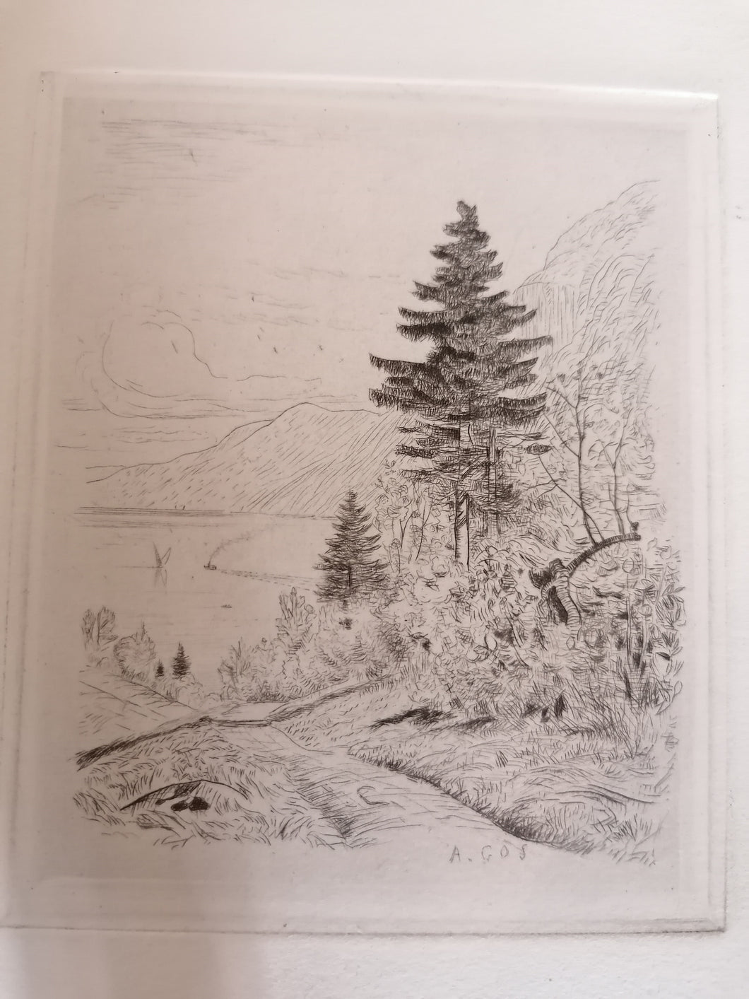 Albert Gos gravure original signé, vue d'un lac depuis chemin.