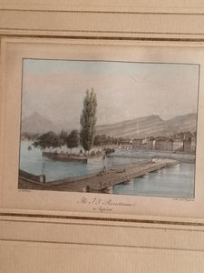 Genève l'île Rousseau, lithographie ancienne  d'après Jean Dubois