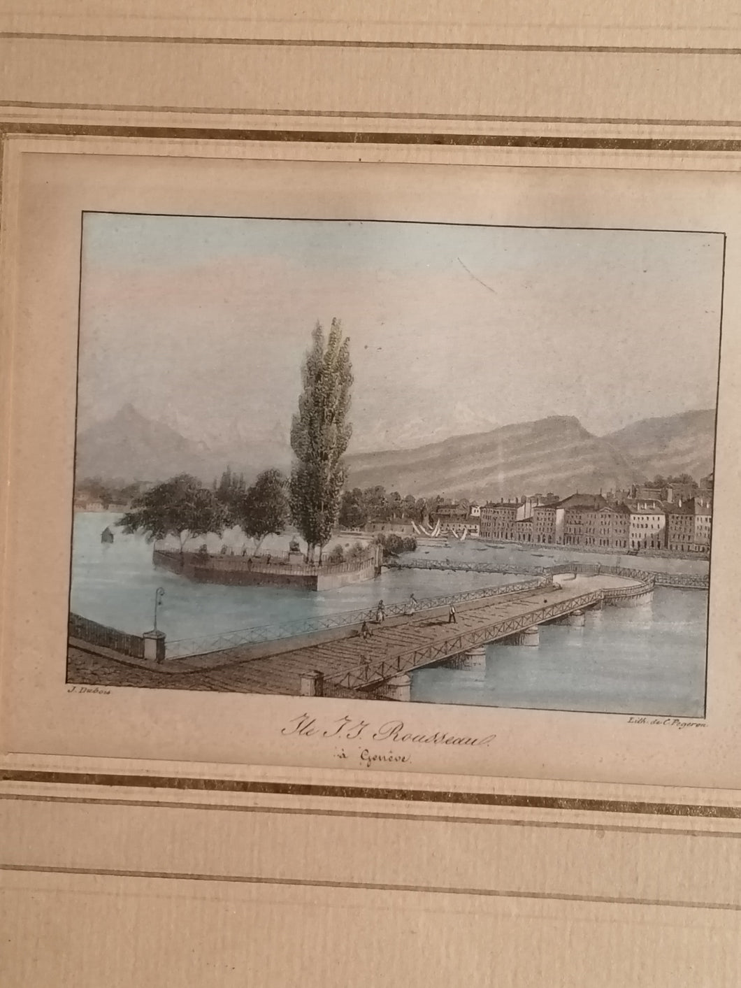 Genève l'île Rousseau, lithographie ancienne  d'après Jean Dubois