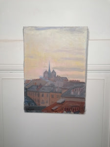 Edmond Bornand peintre Suisse, vue de la vielle ville de Genève et sa cathédrale au couché de soleil rosé 