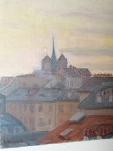Charger l&#39;image dans la galerie, Edmond Bornand peintre Suisse, vue de la vielle ville de Genève et sa cathédrale au couché de soleil rosé 
