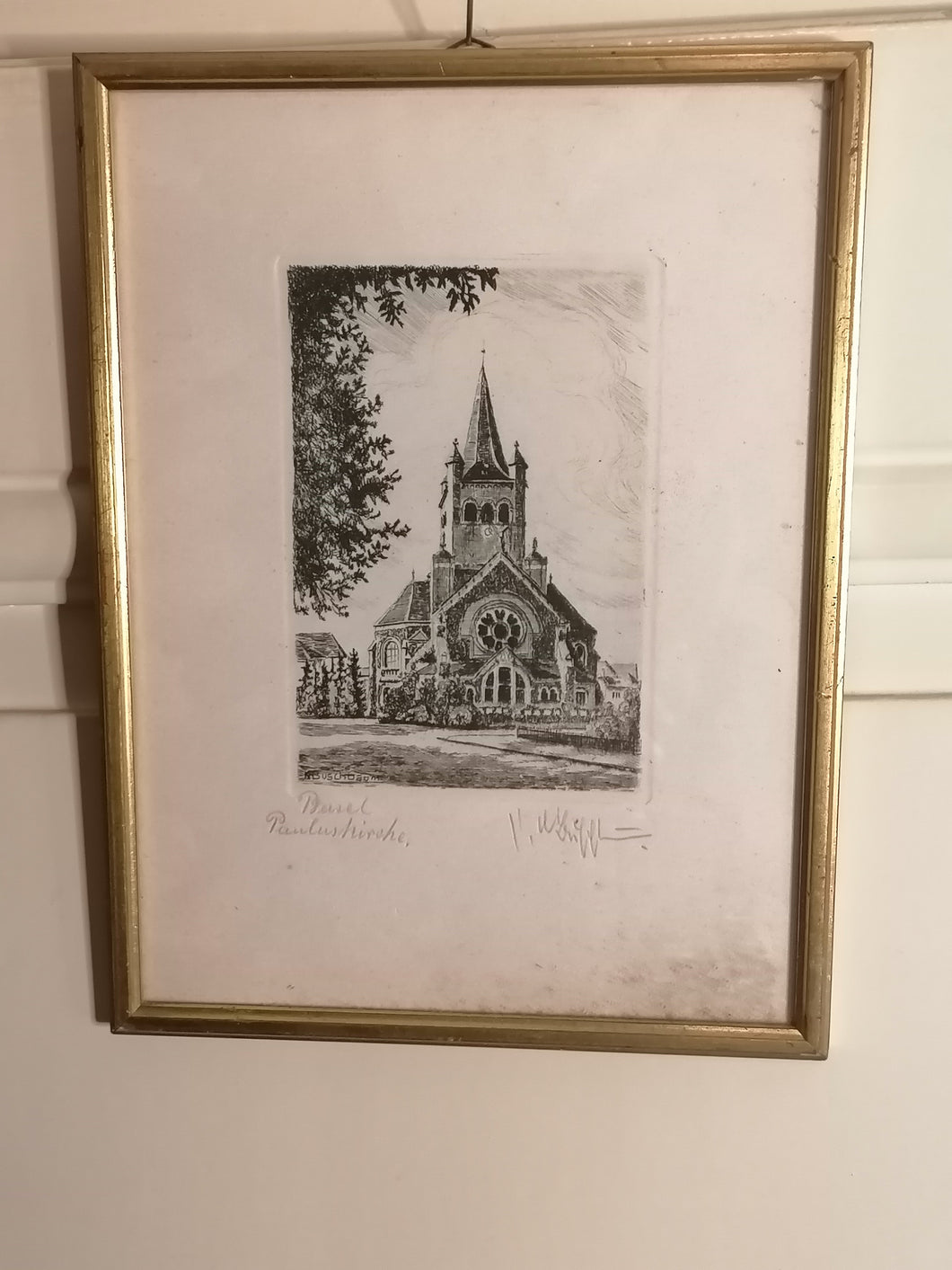 Gravure ancienne d'une cathédrale, signé. 