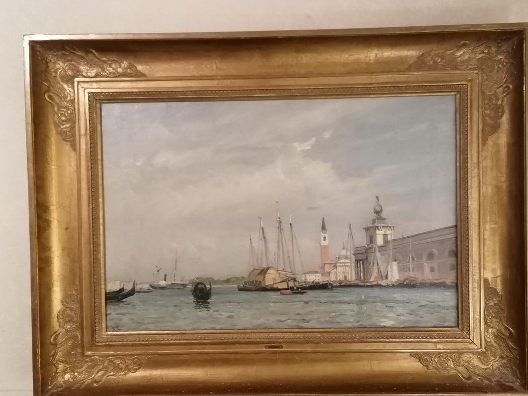 CALAME Arthur Jean-Baptiste 1843-1919 Venise vue d'un port avec gondole. Huile sur toile signé