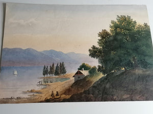Charle Louis Guignon peintre Suisse, aquarelle lac de montagne animé