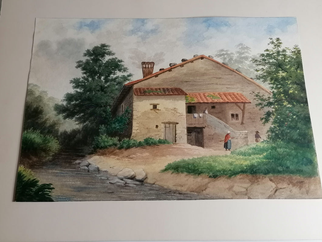 Charle Louis Guignon peintre Suisse, aquarelle sur papier, maison rurale. Magnifique qualité
