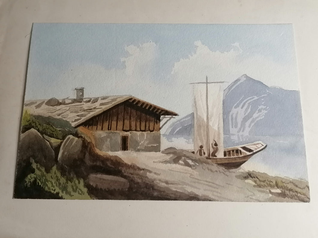 Vue chalet bâteau et lac de montagne, aquarelle non signé. 