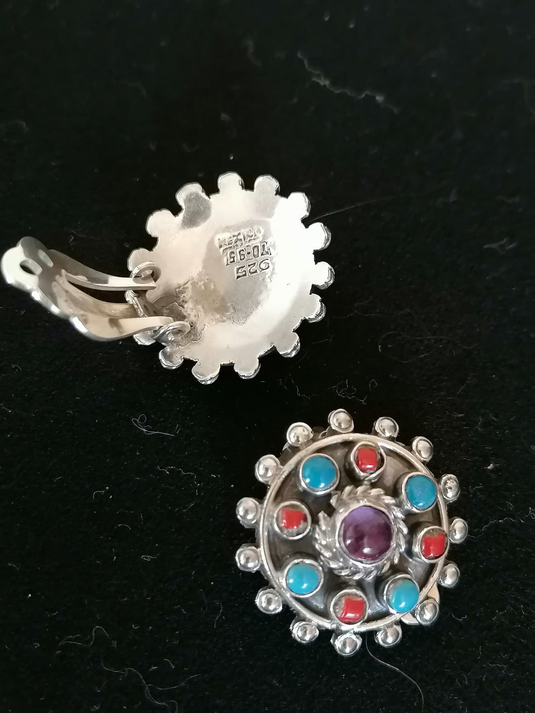 Mexique paire de clips d'oreille en argent et pierre semi précieuse. 