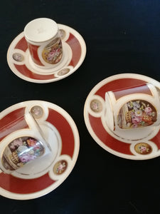 OUTREQUIN de MONTARCY manufacture du duc d’Orléans,  3 tasses et sous tasses en porcelaine peinte à la main.