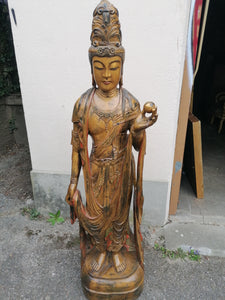 Grande statue en bois sculpté ancien de bouddha. 

Parfait état 
