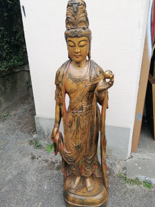 Grande statue en bois sculpté ancien de bouddha. 

Parfait état 