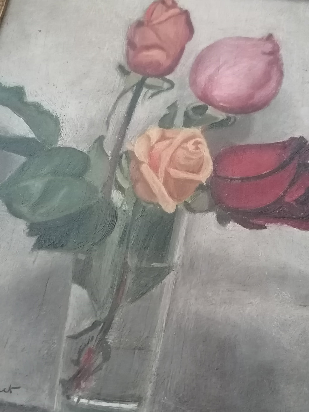 Huile sur carton, nature morte signé et daté 1940. Avec cadre doré. 