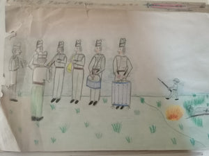 Série de 7 dessins d'un enfant Suisse durant la mobilisation de la seconde guerre mondiale