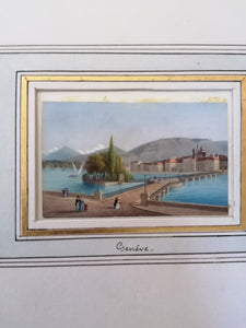 Vue de Genève Île Rousseau, gravure réhaussé, fin XIXe
