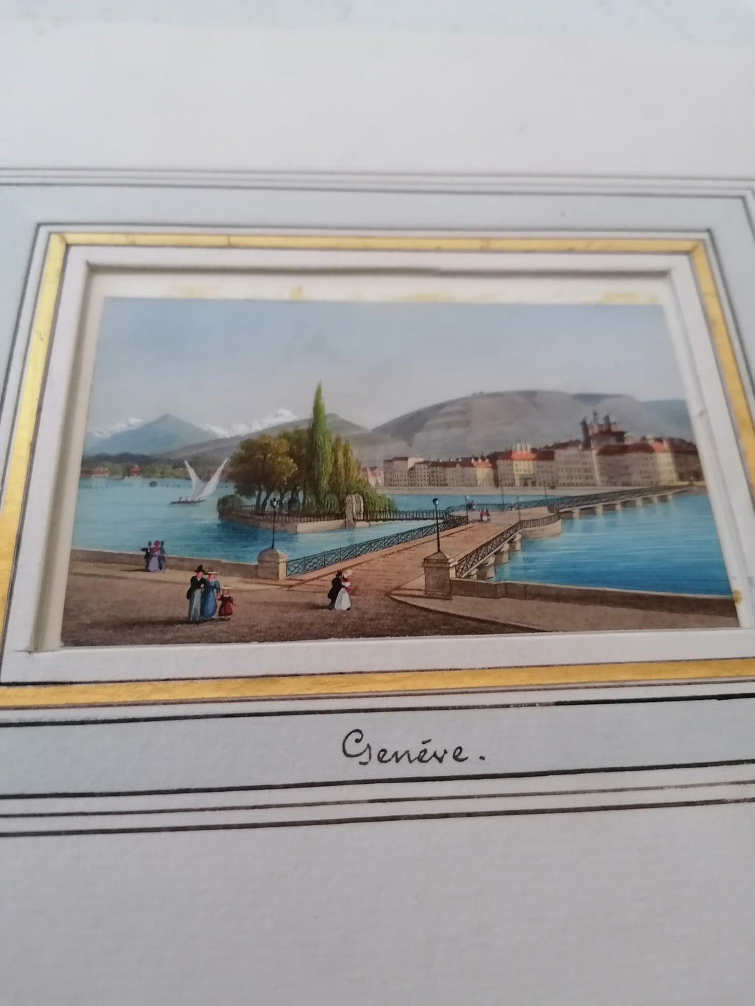 Vue de Genève Île Rousseau, gravure réhaussé, fin XIXe