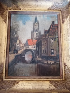 Cornelius Terlouw peintre Hollandais fin XIXe Début XXème. Huile sur panneau canal avec église signée en bas à droite