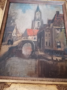 Cornelius Terlouw peintre Hollandais fin XIXe Début XXème. Huile sur panneau canal avec église signée en bas à droite