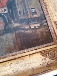 Cornelius Terlouw peintre Hollandais fin XIXe Début XXème. Huile sur panneau canal avec église signée en bas à droite