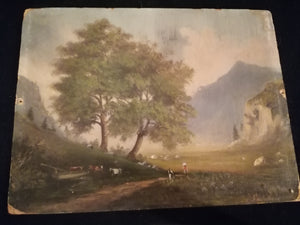 Paysage animé huile sur carton XIXème, signature à identifier. Probablement école lyonnaise.